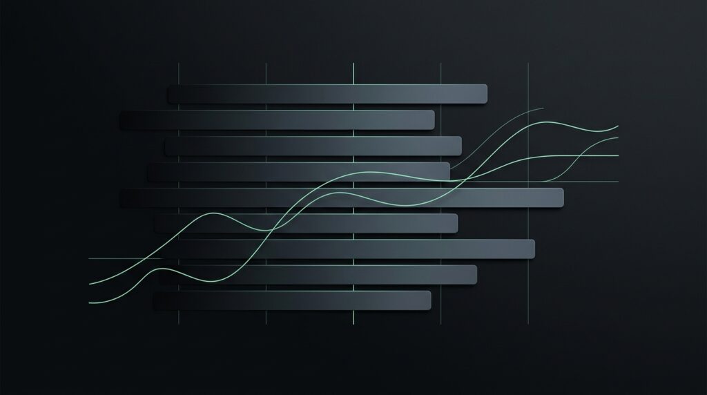 Abstract minimalist editorial illustration of data bars and trend lines on a dark background with mint green accent tones
