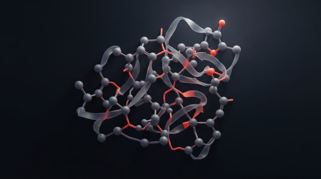 Abstract peptide chain visualization on dark background with red accent tones