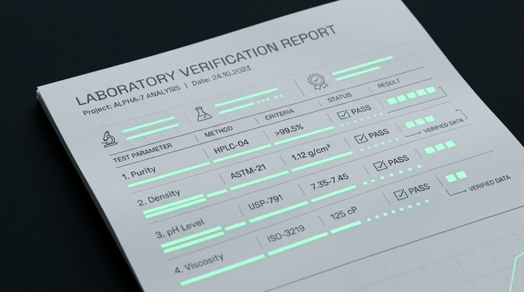 Abstract minimalist editorial illustration of a laboratory verification document with mint green accent lines on a dark background