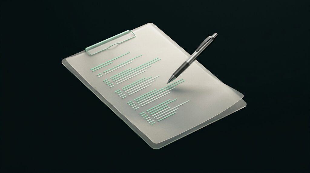 Abstract minimalist editorial illustration of a clipboard and checklist on a dark background with mint green accent lines