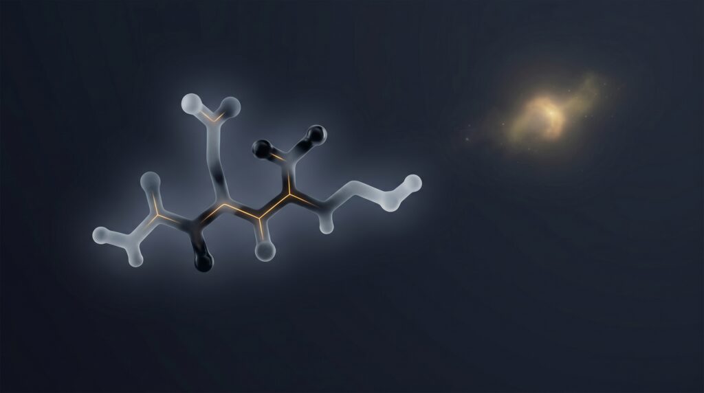 Abstract molecular visualization of the Epitalon tetrapeptide against a dark night sky with pineal-gland-shaped amber nebula