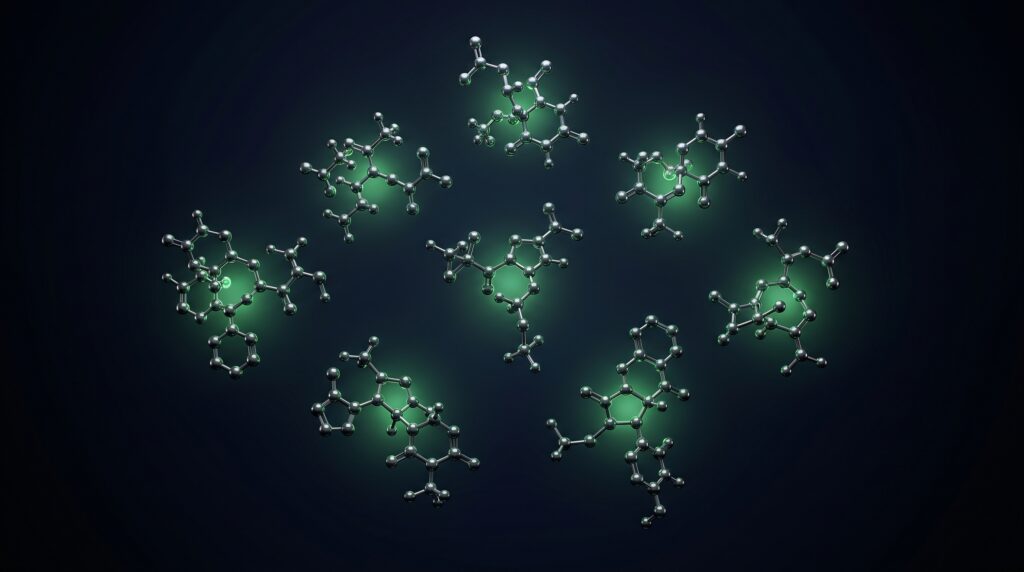 Abstract cluster of seven peptide molecules representing FDA July 2026 review