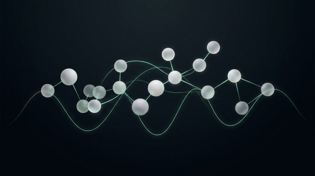 Abstract minimalist editorial illustration of a molecular chain with connected nodes on a dark background and mint green accent lines