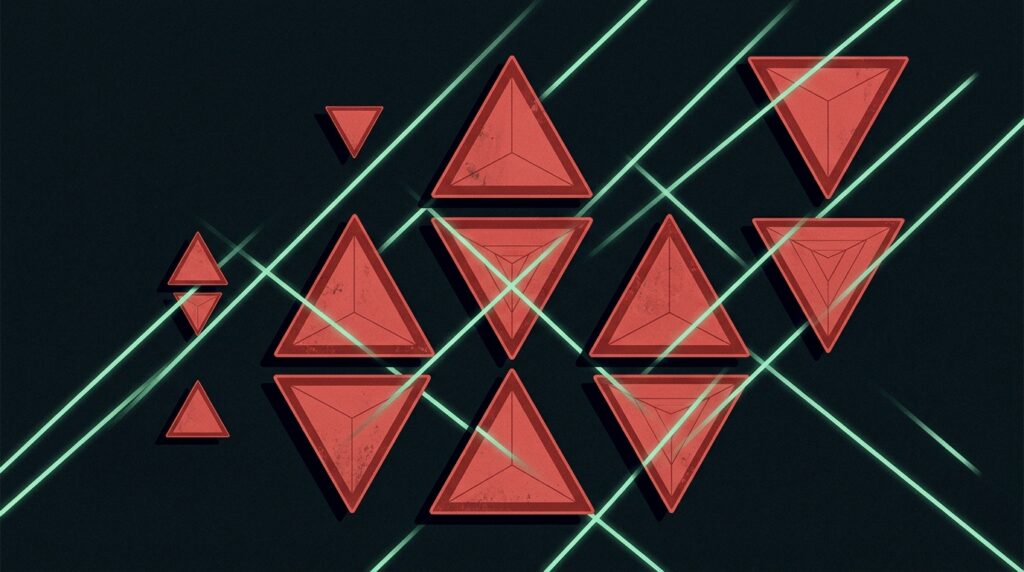 Abstract minimalist editorial illustration of warning signs in a dark composition with muted red and mint green accent tones