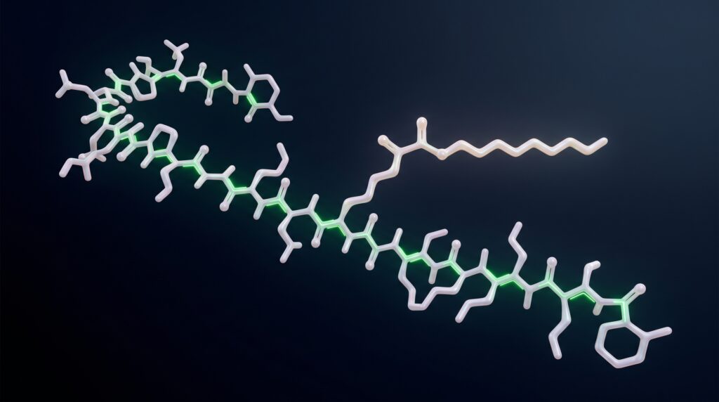 Abstract peptide chain visualization with fatty acid side chain on deep navy background