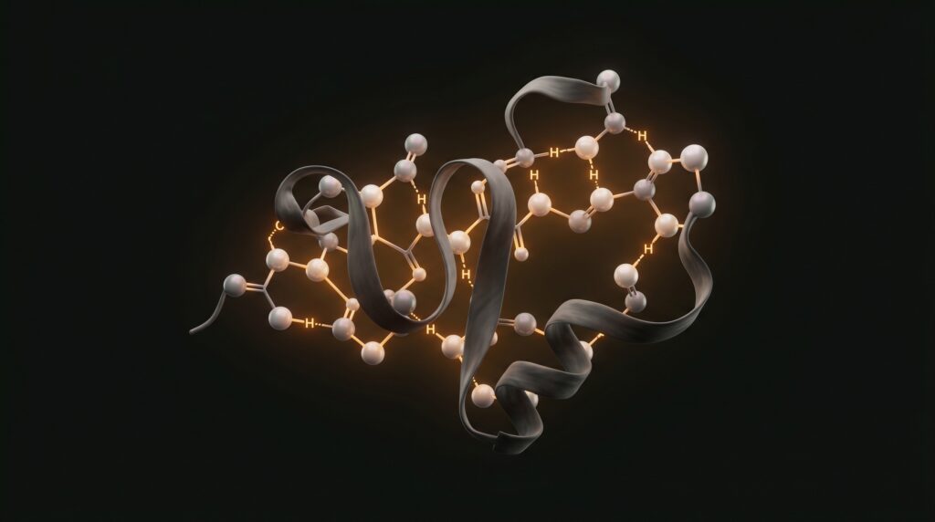 Abstract peptide chain visualization in dark theme with amber accents