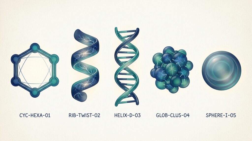 Five distinct translucent navy and teal molecular forms in a horizontal grid on cream background