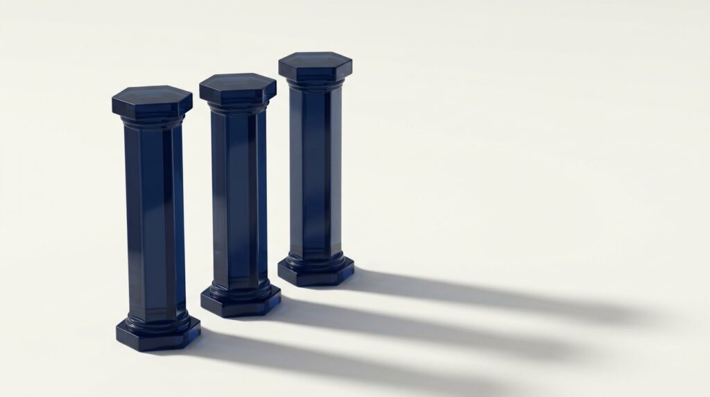 Three translucent navy hexagonal molecular pillars on cream background symbolizing 503A regulatory framework