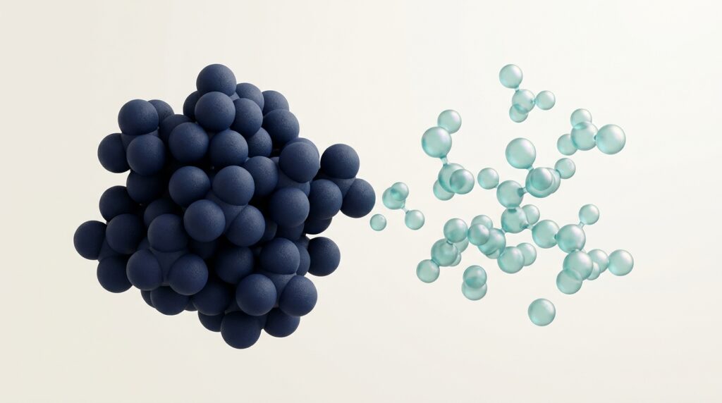 Dense dark navy molecular cluster on left transitioning to lighter translucent teal peptides on right on cream background