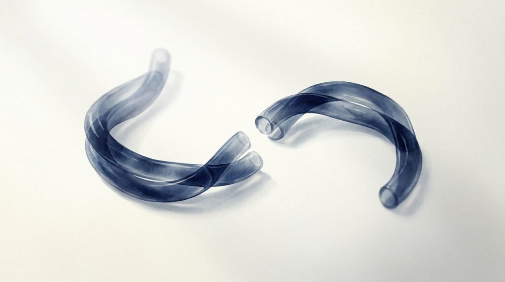 Translucent navy peptide chain fragment with one missing segment on cream background