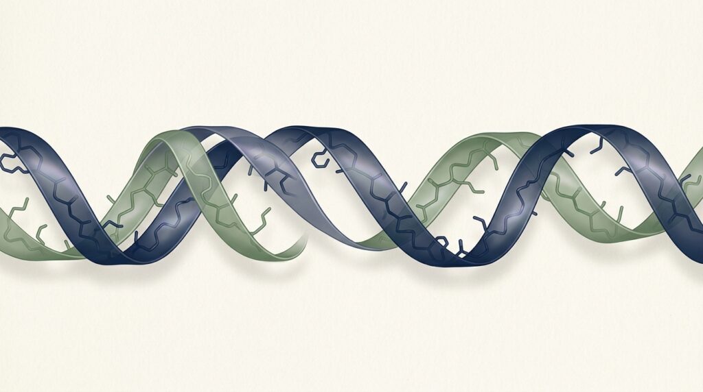 Two intertwined translucent navy and sage helical peptide ribbons on cream background