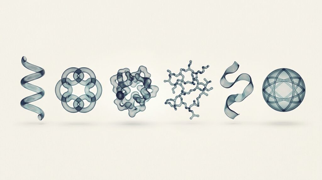 Row of six varied translucent navy and teal molecular forms on cream background