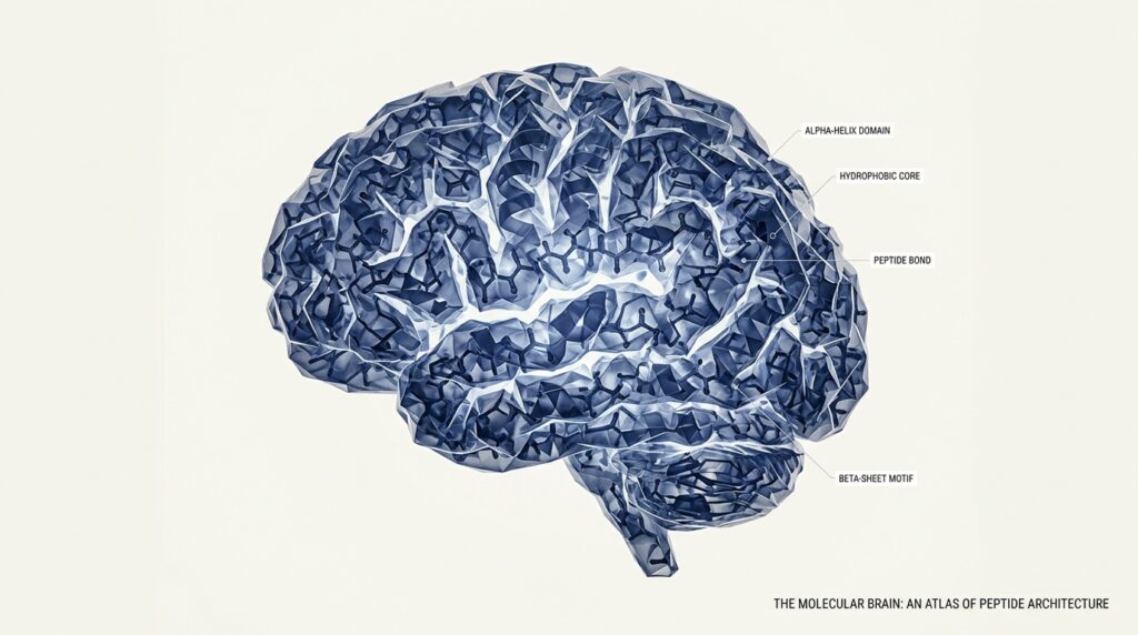 Abstract brain silhouette assembled from translucent navy peptide molecule renders on cream background