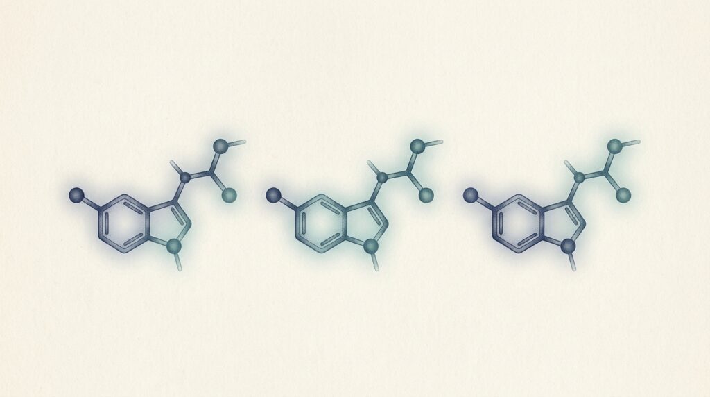 Three softly glowing translucent molecule shapes in a horizontal line on cream background