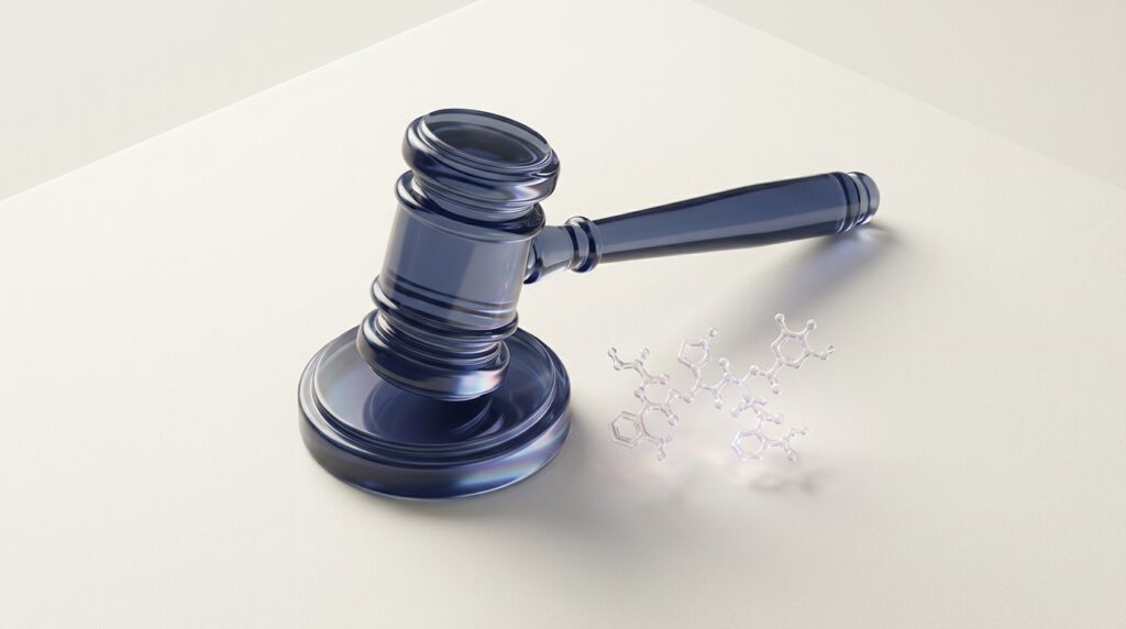 Abstract translucent navy gavel-like form beside small cluster of peptide molecules on cream background