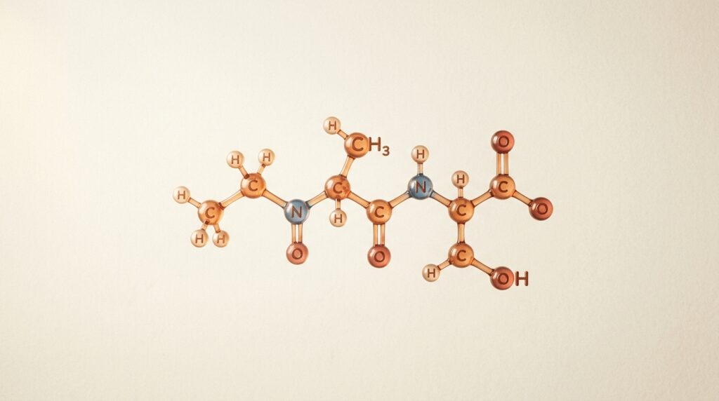Small copper-tinted translucent tripeptide molecule on cream background
