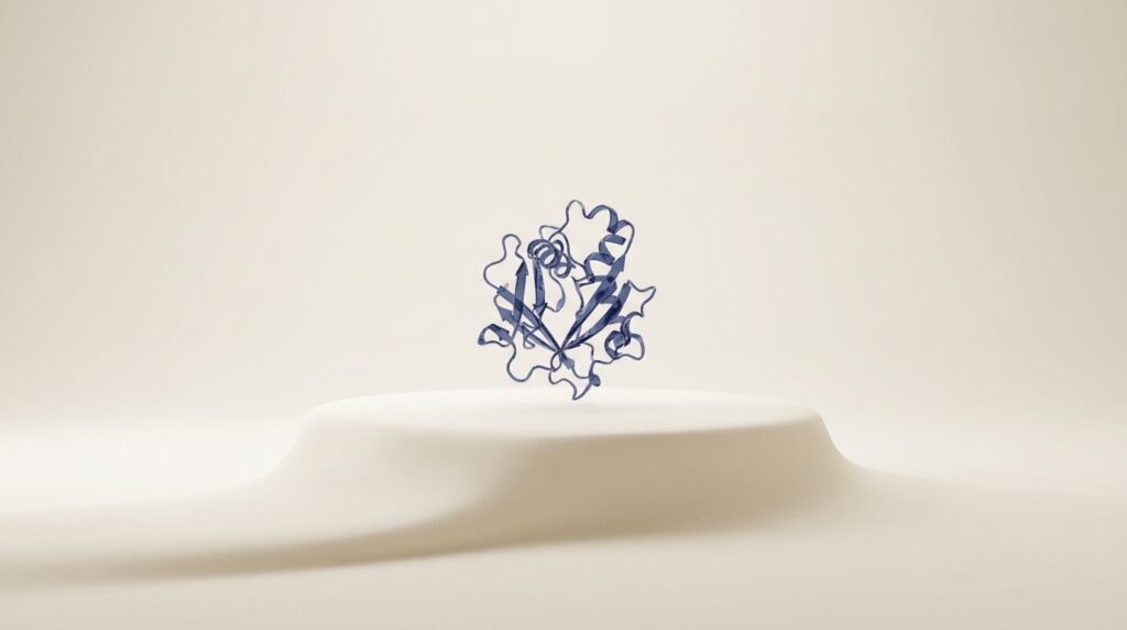 Single translucent navy peptide molecule on empty soft pedestal on cream background