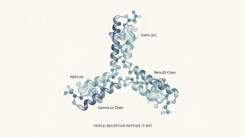 Translucent triple-receptor peptide molecule with three branching arms on cream background