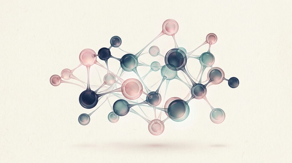Soft cluster of translucent rose, navy, and teal molecules on cream background