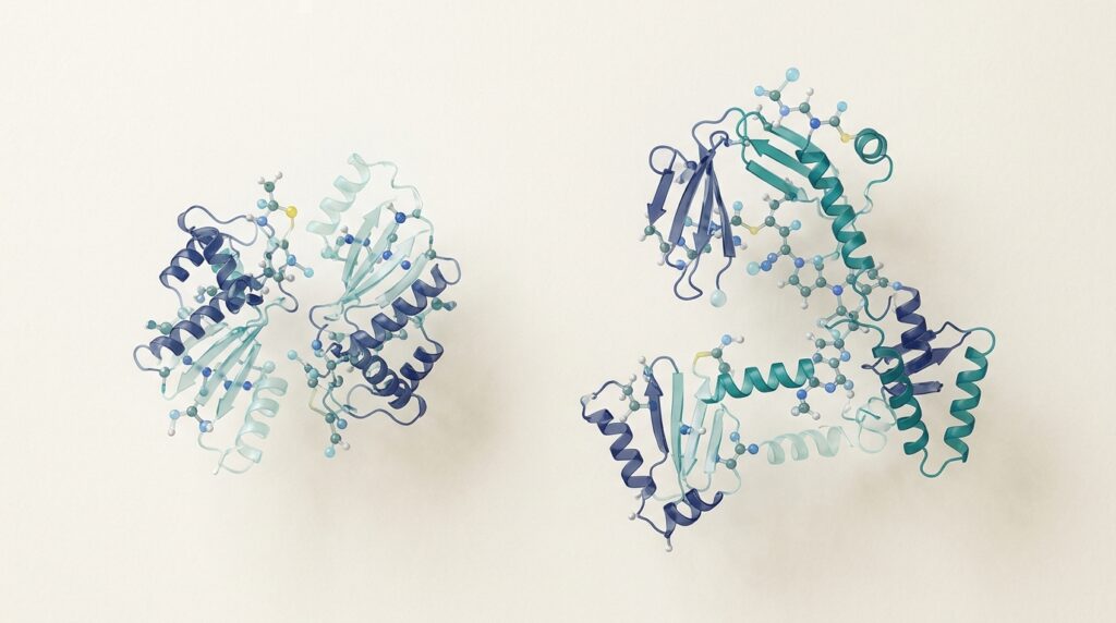 Two translucent navy and teal peptide molecules side by side on cream background