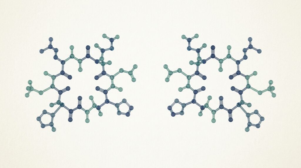 Two parallel translucent heptapeptide molecule renders on cream background