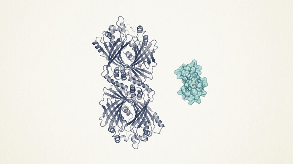 Tall complex protein and smaller compact peptide molecule renders side by side on cream background