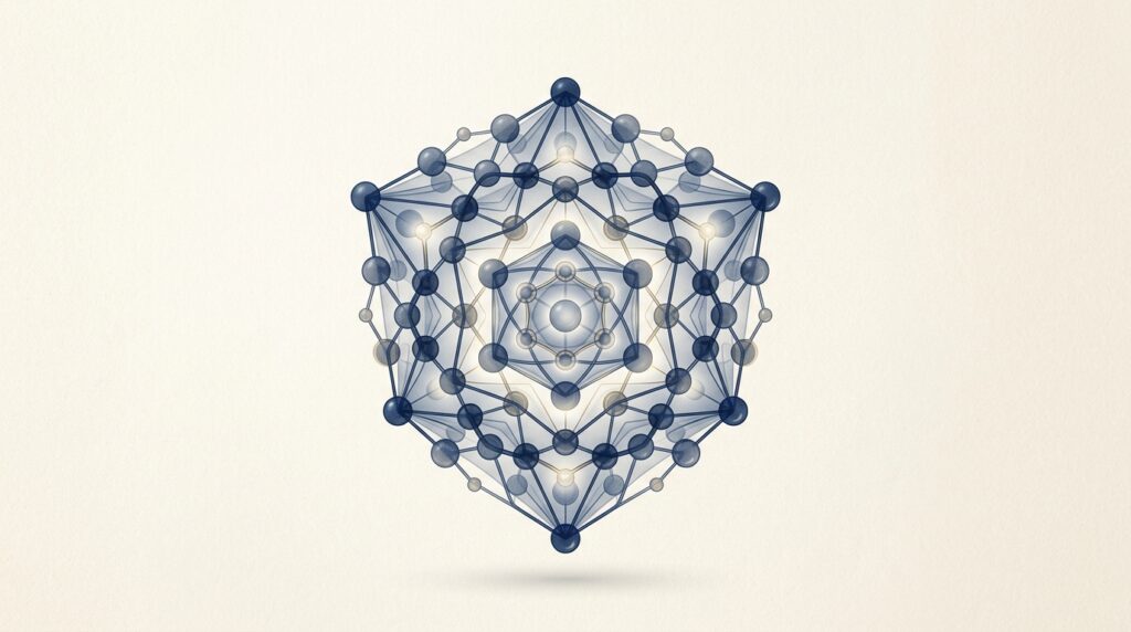 Translucent navy peptide molecule with shield-like geometric symmetry on cream background